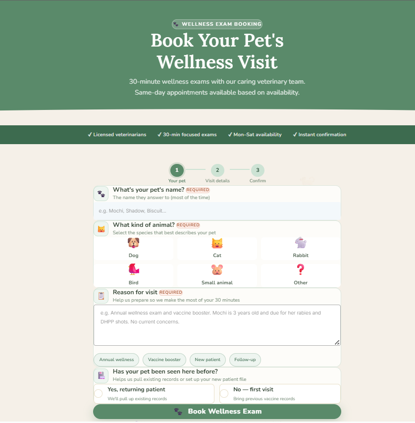 Pet Wellness Visit Booking Form